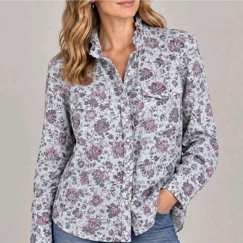Sundance Ombeline Floral Paisley Ruffle Snap Front Corduroy Shirt - Petite L